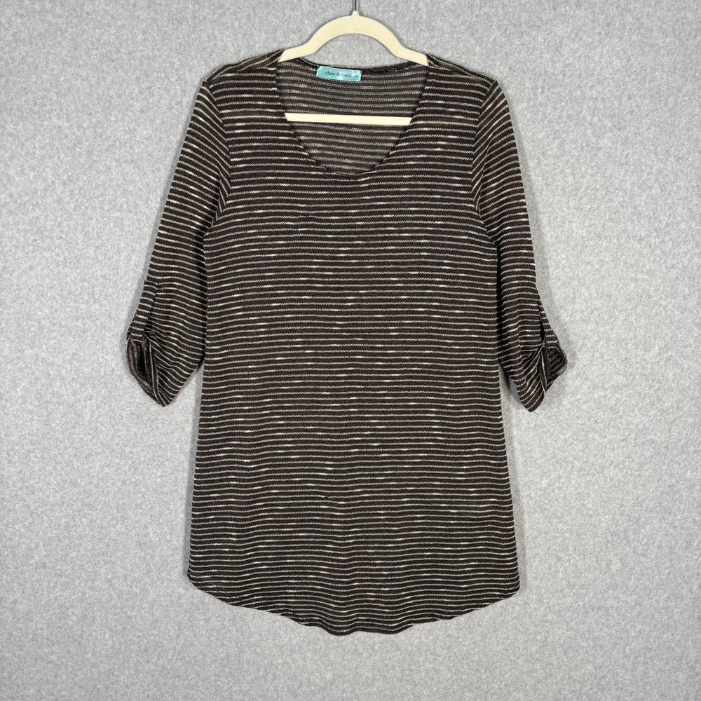 Chris Carol Cover Up Tunic Dress Medium Brown Cream Tan Knit Sheer Thin Neutral